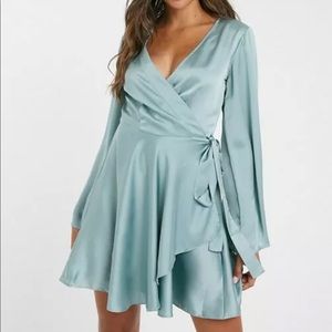 Missguided Satin Wrap Flared Sleeve Dress
